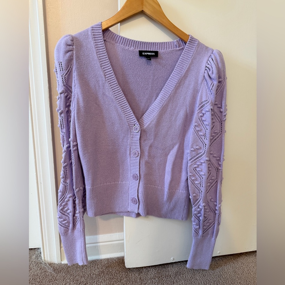 Express Lavender Knit Puff-Sleeve Cardigan- Size Small